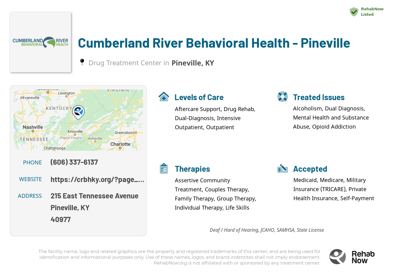 Helpful reference information for Cumberland River Behavioral Health - Pineville, a drug treatment center in Kentucky located at: 215 East Tennessee Avenue, Pineville, KY, 40977, including phone numbers, official website, and more. Listed briefly is an overview of Levels of Care, Therapies Offered, Issues Treated, and accepted forms of Payment Methods.