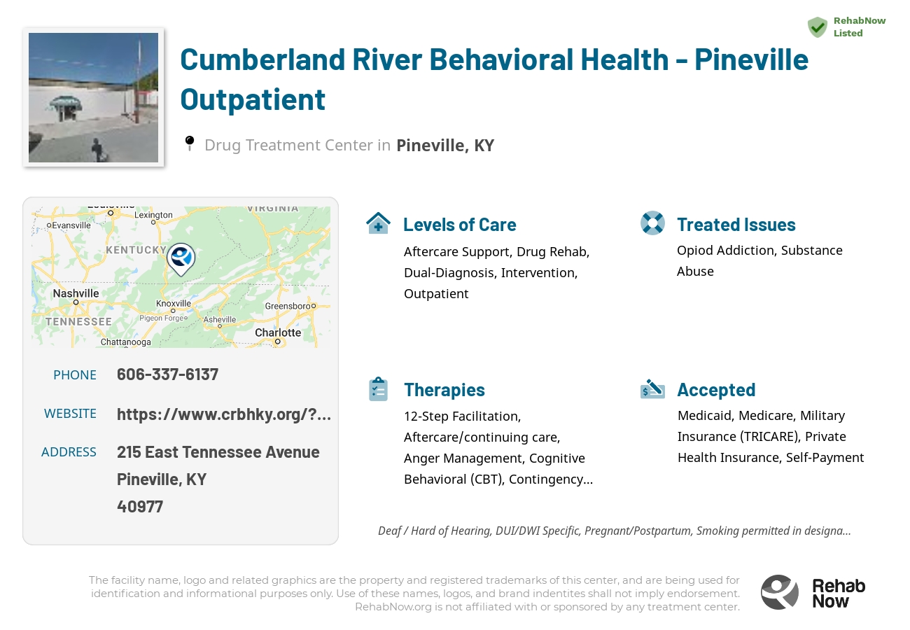 Helpful reference information for Cumberland River Behavioral Health - Pineville Outpatient, a drug treatment center in Kentucky located at: 215 East Tennessee Avenue, Pineville, KY 40977, including phone numbers, official website, and more. Listed briefly is an overview of Levels of Care, Therapies Offered, Issues Treated, and accepted forms of Payment Methods.