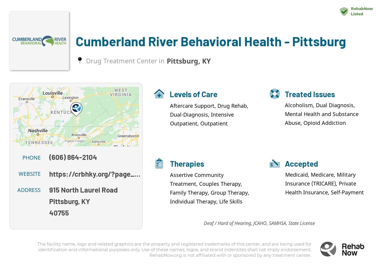 Helpful reference information for Cumberland River Behavioral Health - Pittsburg, a drug treatment center in Kentucky located at: 915 North Laurel Road, Pittsburg, KY, 40755, including phone numbers, official website, and more. Listed briefly is an overview of Levels of Care, Therapies Offered, Issues Treated, and accepted forms of Payment Methods.