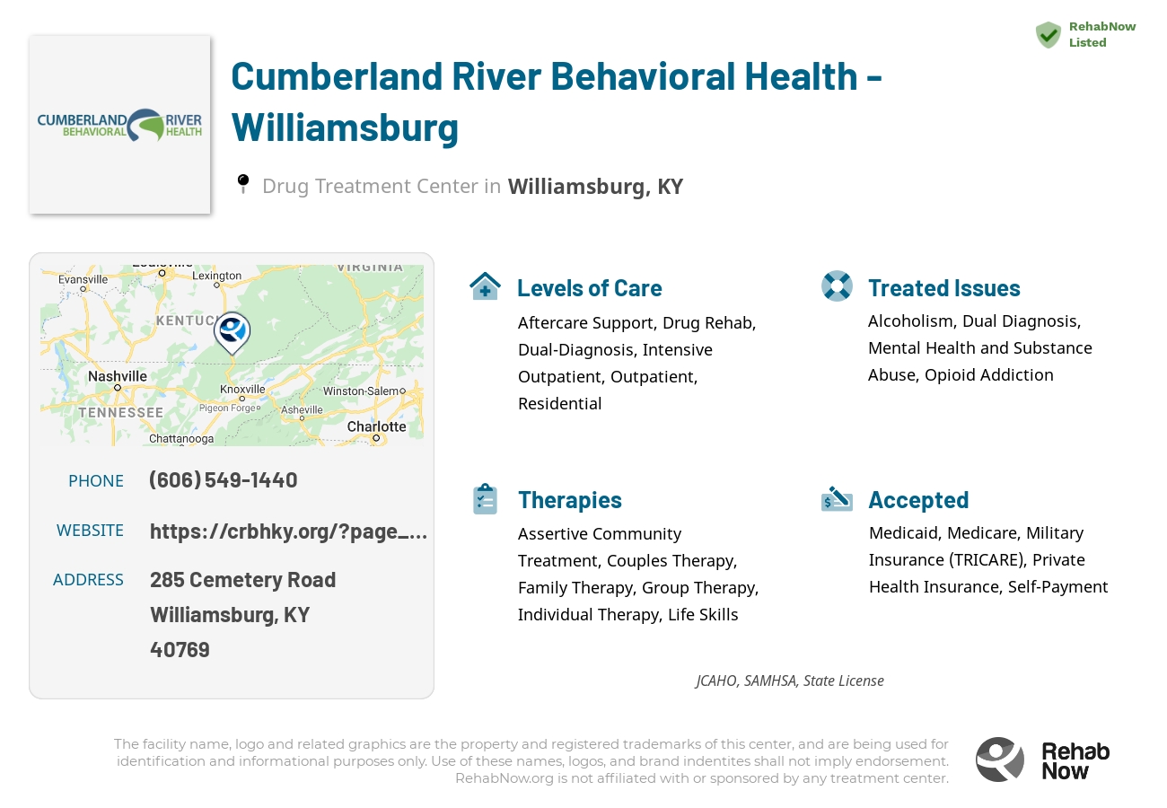 Helpful reference information for Cumberland River Behavioral Health - Williamsburg, a drug treatment center in Kentucky located at: 285 Cemetery Road, Williamsburg, KY, 40769, including phone numbers, official website, and more. Listed briefly is an overview of Levels of Care, Therapies Offered, Issues Treated, and accepted forms of Payment Methods.