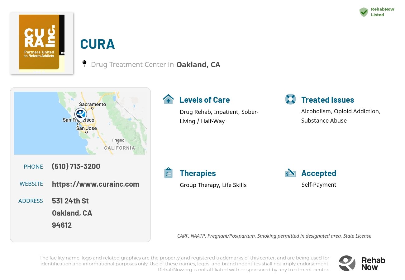 Helpful reference information for CURA, a drug treatment center in California located at: 531 24th St, Oakland, CA 94612, including phone numbers, official website, and more. Listed briefly is an overview of Levels of Care, Therapies Offered, Issues Treated, and accepted forms of Payment Methods.