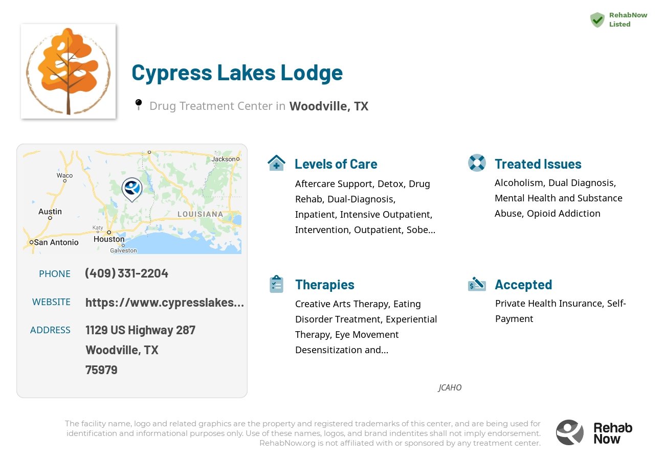 Helpful reference information for Cypress Lakes Lodge, a drug treatment center in Texas located at: 1129 US Highway 287, Woodville, TX 75979, including phone numbers, official website, and more. Listed briefly is an overview of Levels of Care, Therapies Offered, Issues Treated, and accepted forms of Payment Methods.