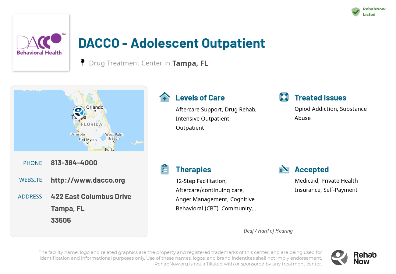Helpful reference information for DACCO - Adolescent Outpatient, a drug treatment center in Florida located at: 422 East Columbus Drive, Tampa, FL 33605, including phone numbers, official website, and more. Listed briefly is an overview of Levels of Care, Therapies Offered, Issues Treated, and accepted forms of Payment Methods.