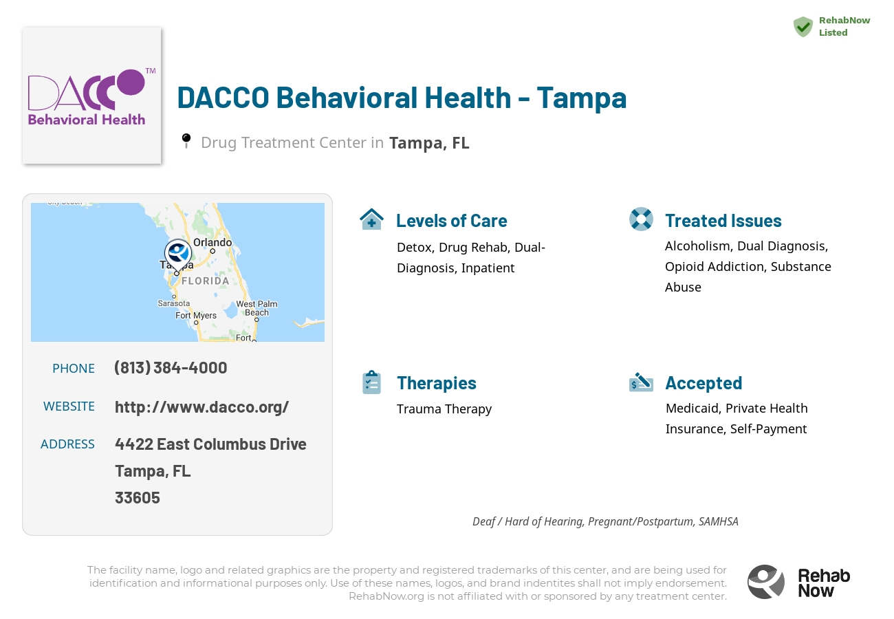 Helpful reference information for DACCO Behavioral Health - Tampa, a drug treatment center in Florida located at: 4422 East Columbus Drive, Tampa, FL, 33605, including phone numbers, official website, and more. Listed briefly is an overview of Levels of Care, Therapies Offered, Issues Treated, and accepted forms of Payment Methods.