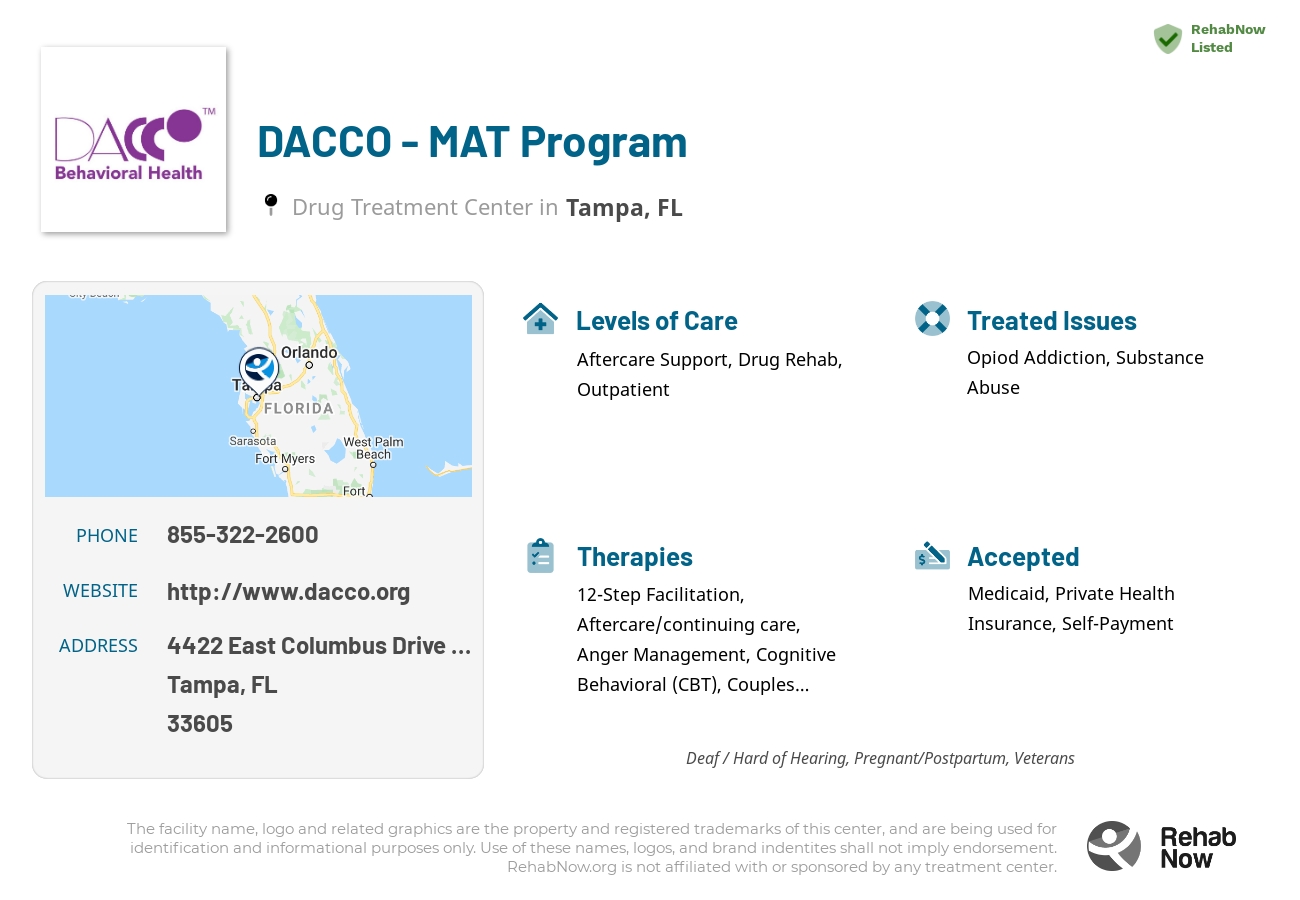 Helpful reference information for DACCO - MAT Program, a drug treatment center in Florida located at: 4422 East Columbus Drive 1st Floor, Tampa, FL 33605, including phone numbers, official website, and more. Listed briefly is an overview of Levels of Care, Therapies Offered, Issues Treated, and accepted forms of Payment Methods.