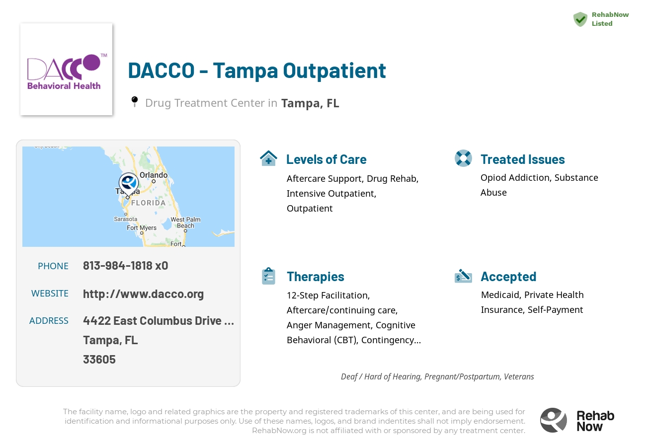 Helpful reference information for DACCO - Tampa Outpatient, a drug treatment center in Florida located at: 4422 East Columbus Drive 2nd Floor, Tampa, FL 33605, including phone numbers, official website, and more. Listed briefly is an overview of Levels of Care, Therapies Offered, Issues Treated, and accepted forms of Payment Methods.