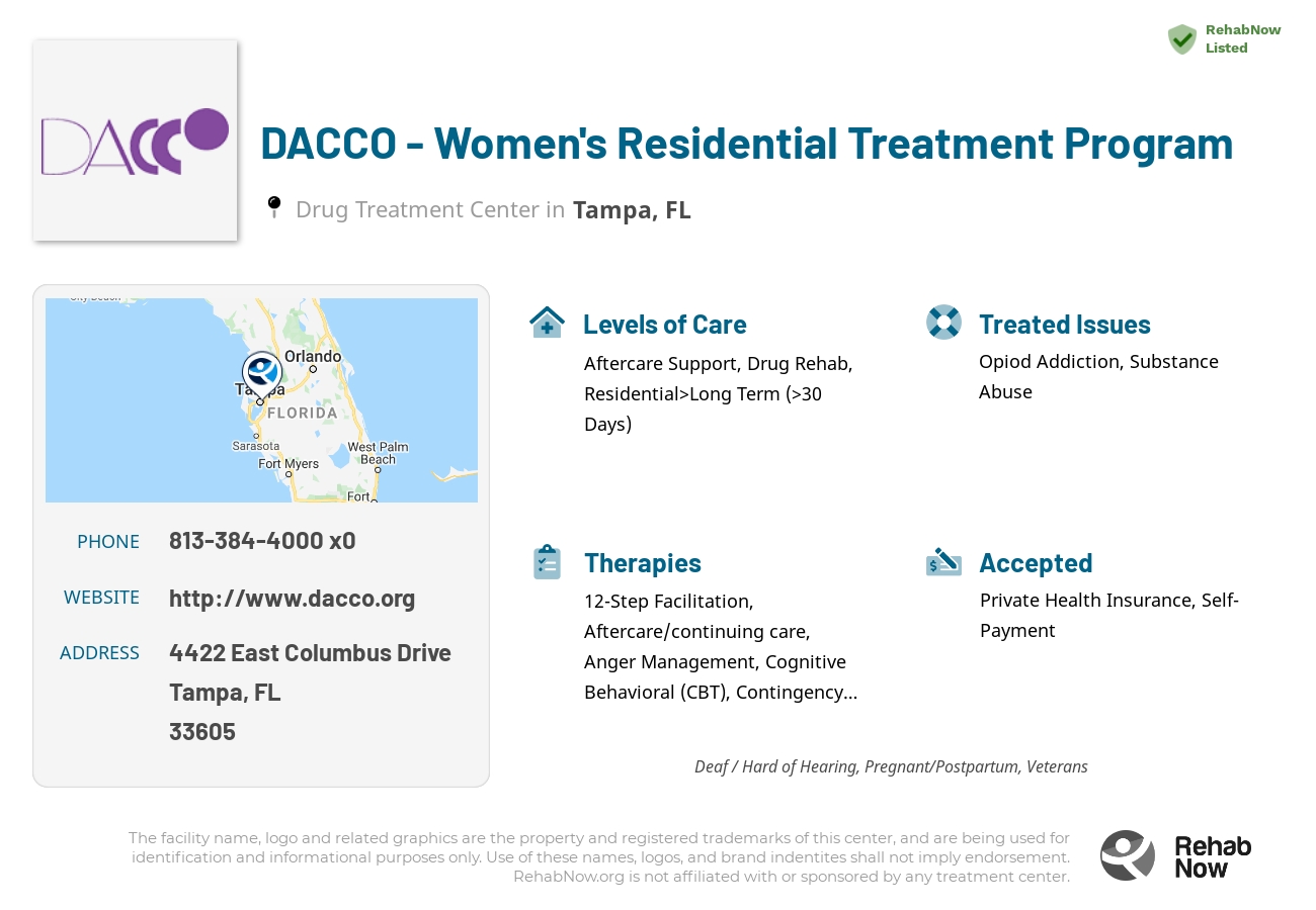 Helpful reference information for DACCO - Women's Residential Treatment Program, a drug treatment center in Florida located at: 4422 East Columbus Drive, Tampa, FL 33605, including phone numbers, official website, and more. Listed briefly is an overview of Levels of Care, Therapies Offered, Issues Treated, and accepted forms of Payment Methods.