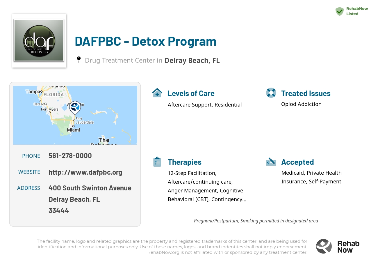 Helpful reference information for DAFPBC - Detox Program, a drug treatment center in Florida located at: 400 South Swinton Avenue, Delray Beach, FL 33444, including phone numbers, official website, and more. Listed briefly is an overview of Levels of Care, Therapies Offered, Issues Treated, and accepted forms of Payment Methods.