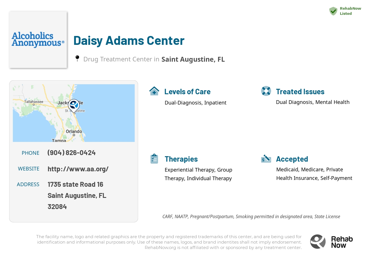 Helpful reference information for Daisy Adams Center, a drug treatment center in Florida located at: 1735 state Road 16, Saint Augustine, FL, 32084, including phone numbers, official website, and more. Listed briefly is an overview of Levels of Care, Therapies Offered, Issues Treated, and accepted forms of Payment Methods.