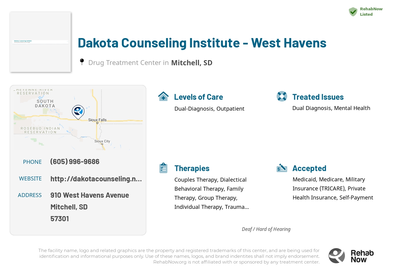 Helpful reference information for Dakota Counseling Institute - West Havens, a drug treatment center in South Dakota located at: 910 910 West Havens Avenue, Mitchell, SD 57301, including phone numbers, official website, and more. Listed briefly is an overview of Levels of Care, Therapies Offered, Issues Treated, and accepted forms of Payment Methods.