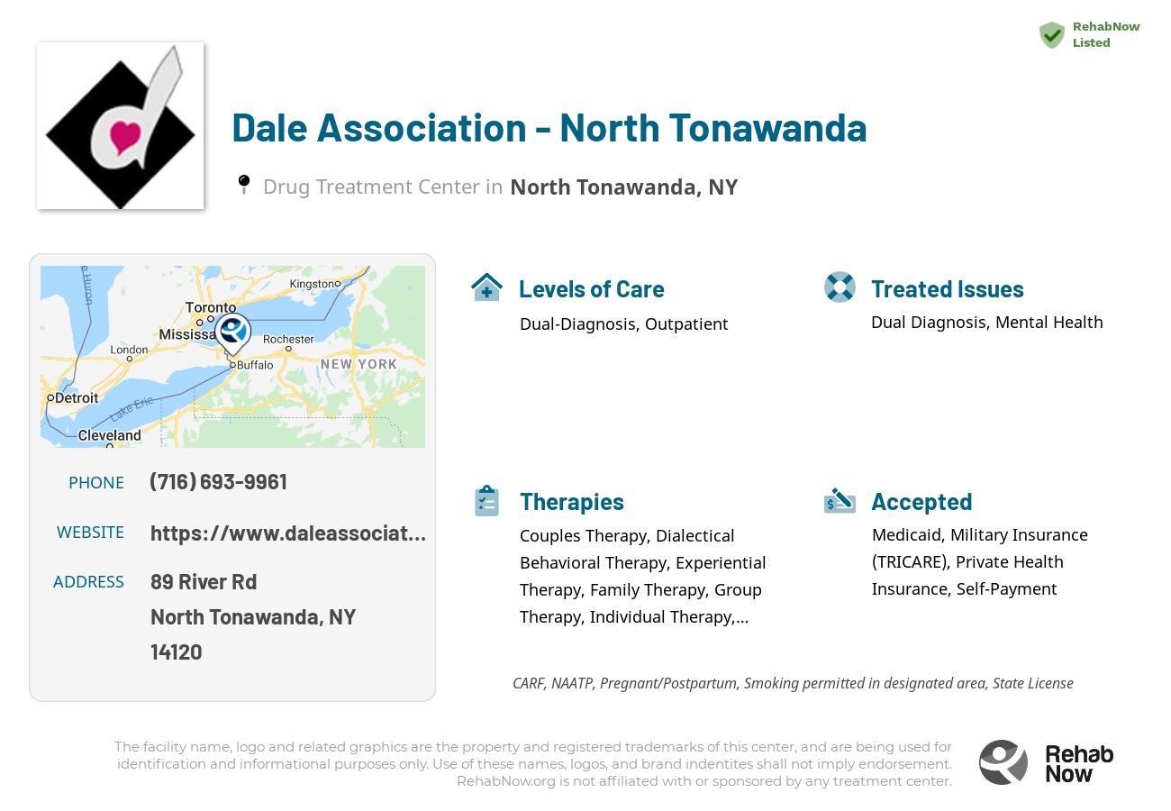 Helpful reference information for Dale Association - North Tonawanda, a drug treatment center in New York located at: 89 River Rd, North Tonawanda, NY 14120, including phone numbers, official website, and more. Listed briefly is an overview of Levels of Care, Therapies Offered, Issues Treated, and accepted forms of Payment Methods.