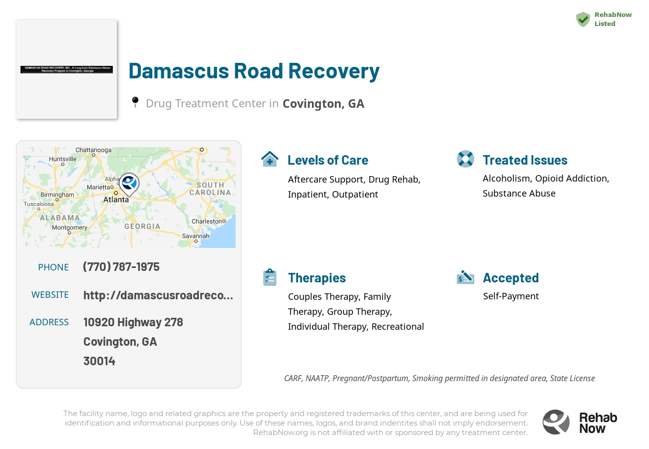 Helpful reference information for Damascus Road Recovery, a drug treatment center in Georgia located at: 10920 10920 Highway 278, Covington, GA 30014, including phone numbers, official website, and more. Listed briefly is an overview of Levels of Care, Therapies Offered, Issues Treated, and accepted forms of Payment Methods.
