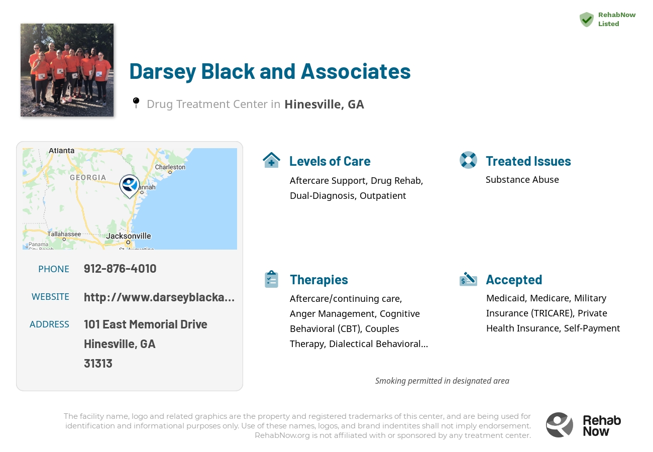 Helpful reference information for Darsey Black and Associates, a drug treatment center in Georgia located at: 101 East Memorial Drive, Hinesville, GA 31313, including phone numbers, official website, and more. Listed briefly is an overview of Levels of Care, Therapies Offered, Issues Treated, and accepted forms of Payment Methods.