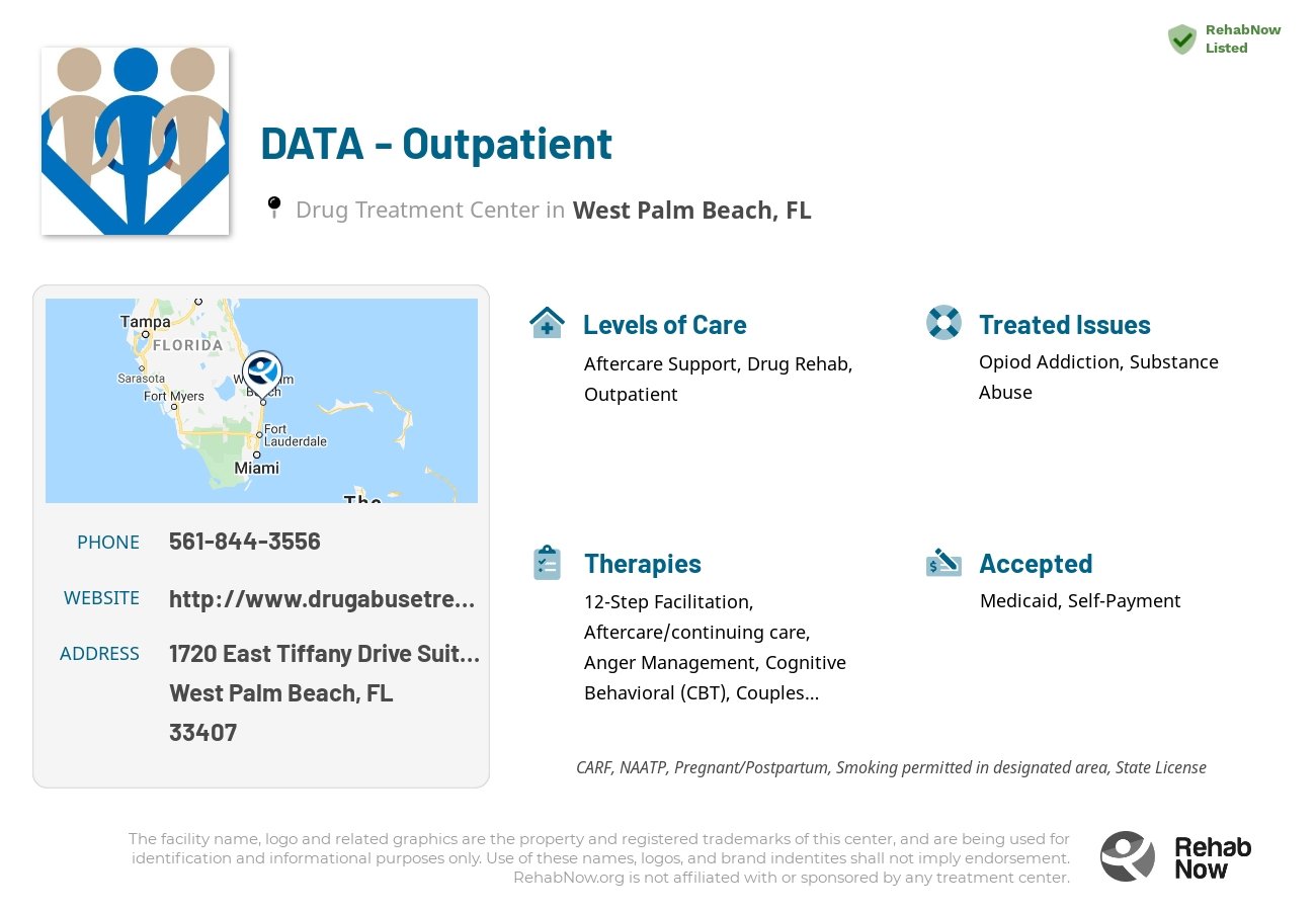 Helpful reference information for DATA - Outpatient, a drug treatment center in Florida located at: 1720 East Tiffany Drive Suite 102, West Palm Beach, FL 33407, including phone numbers, official website, and more. Listed briefly is an overview of Levels of Care, Therapies Offered, Issues Treated, and accepted forms of Payment Methods.