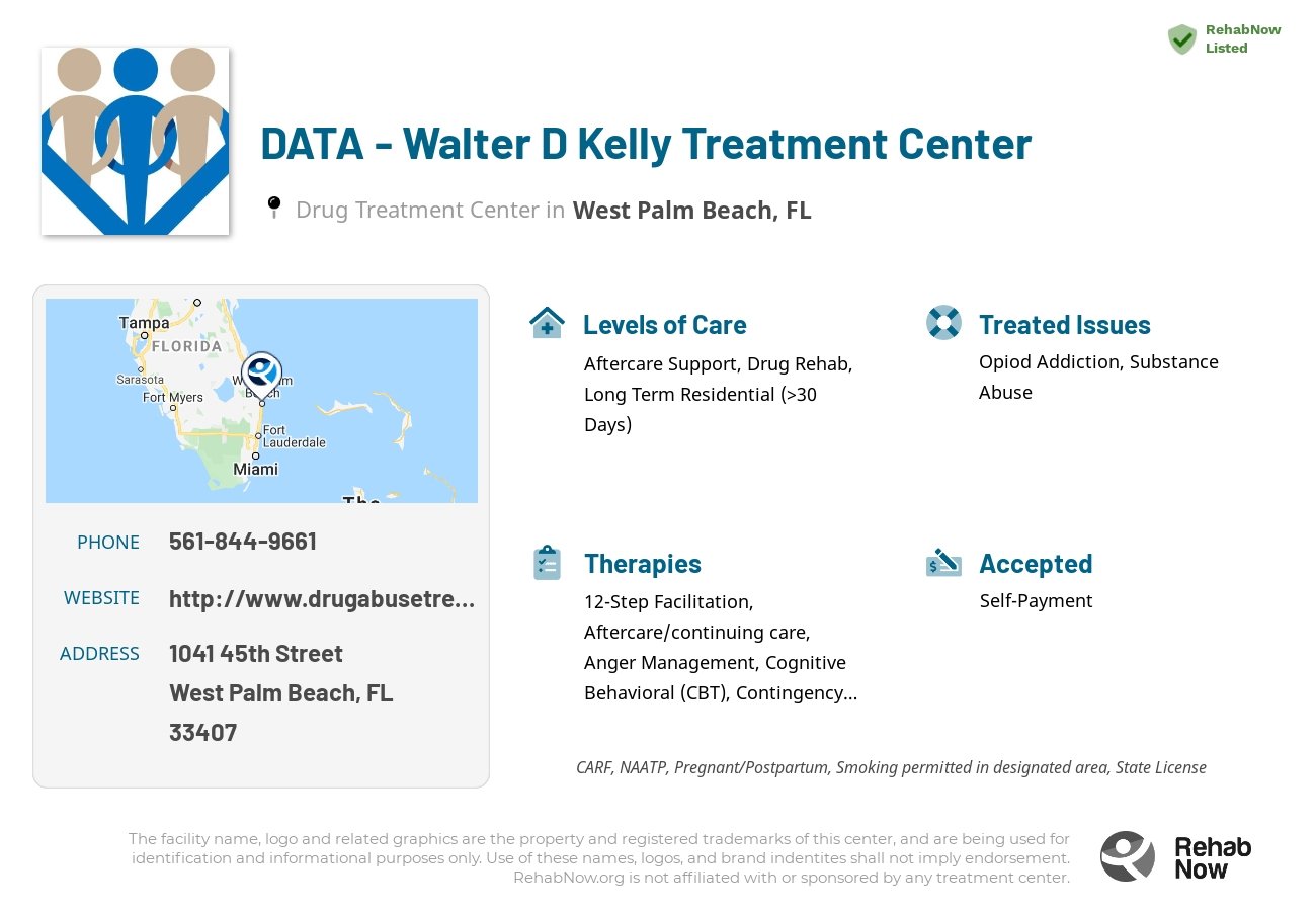 Helpful reference information for DATA - Walter D Kelly Treatment Center, a drug treatment center in Florida located at: 1041 45th Street, West Palm Beach, FL 33407, including phone numbers, official website, and more. Listed briefly is an overview of Levels of Care, Therapies Offered, Issues Treated, and accepted forms of Payment Methods.