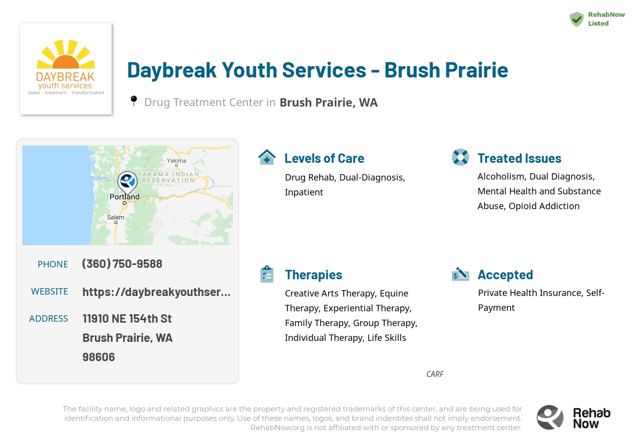 Helpful reference information for Daybreak Youth Services - Brush Prairie, a drug treatment center in Washington located at: 11910 NE 154th St, Brush Prairie, WA 98606, including phone numbers, official website, and more. Listed briefly is an overview of Levels of Care, Therapies Offered, Issues Treated, and accepted forms of Payment Methods.