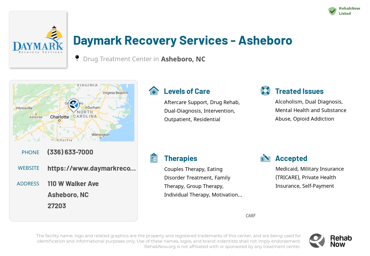 Helpful reference information for Daymark Recovery Services - Asheboro, a drug treatment center in North Carolina located at: 110 W Walker Ave, Asheboro, NC 27203, including phone numbers, official website, and more. Listed briefly is an overview of Levels of Care, Therapies Offered, Issues Treated, and accepted forms of Payment Methods.