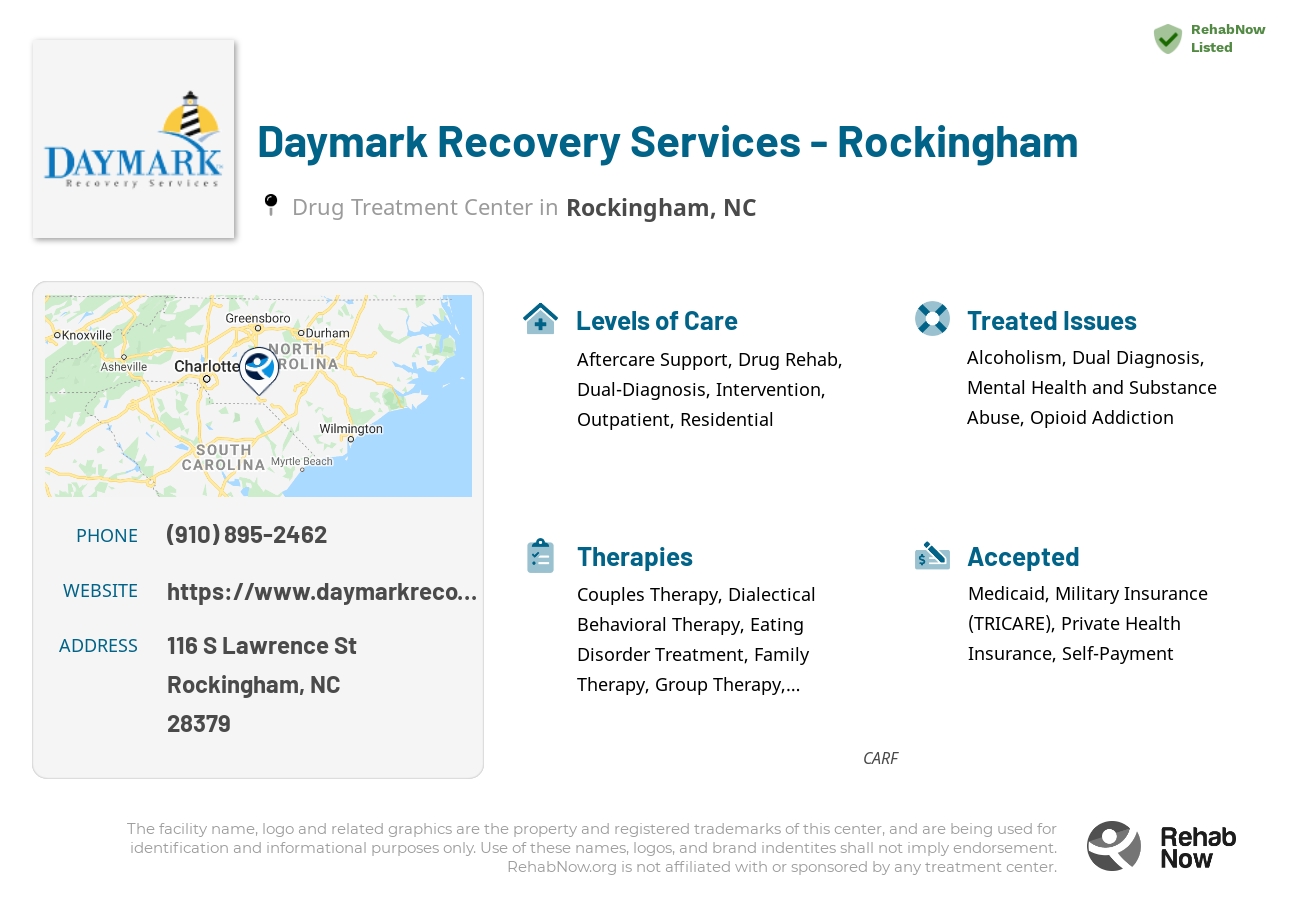 Helpful reference information for Daymark Recovery Services - Rockingham, a drug treatment center in North Carolina located at: 116 S Lawrence St, Rockingham, NC 28379, including phone numbers, official website, and more. Listed briefly is an overview of Levels of Care, Therapies Offered, Issues Treated, and accepted forms of Payment Methods.