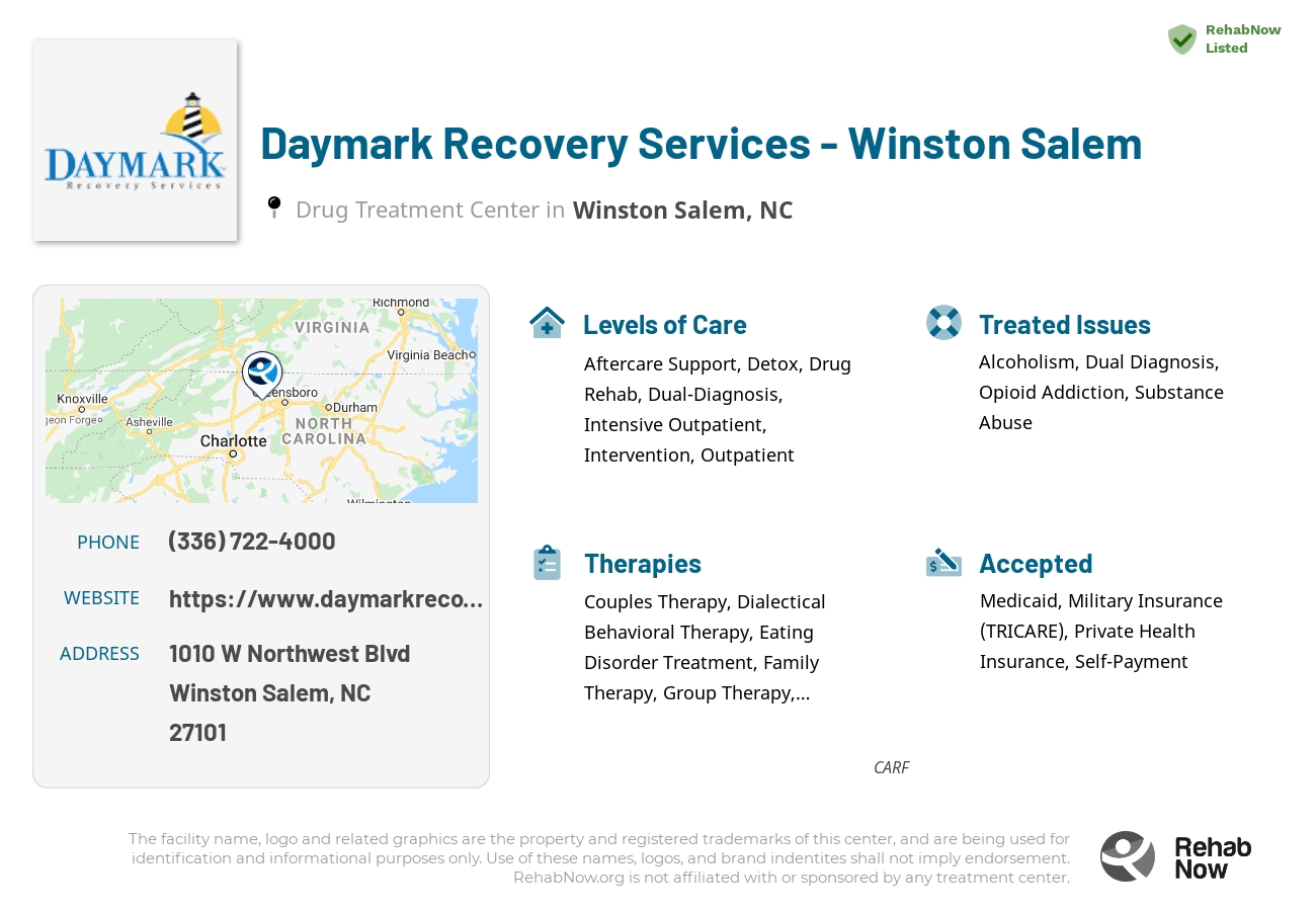 Helpful reference information for Daymark Recovery Services - Winston Salem, a drug treatment center in North Carolina located at: 1010 W Northwest Blvd, Winston Salem, NC 27101, including phone numbers, official website, and more. Listed briefly is an overview of Levels of Care, Therapies Offered, Issues Treated, and accepted forms of Payment Methods.