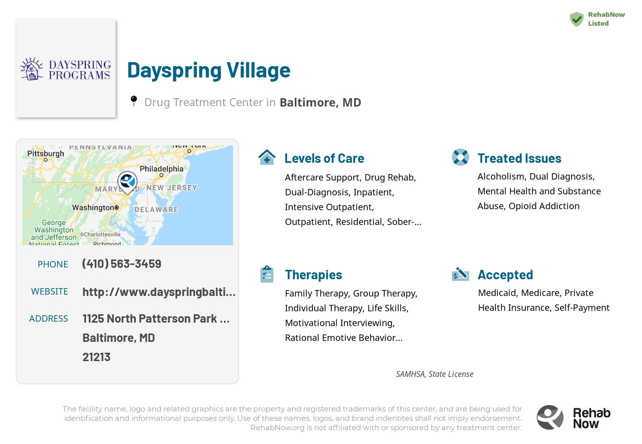 Helpful reference information for Dayspring Village, a drug treatment center in Maryland located at: 1125 North Patterson Park Avenue, Baltimore, MD, 21213, including phone numbers, official website, and more. Listed briefly is an overview of Levels of Care, Therapies Offered, Issues Treated, and accepted forms of Payment Methods.