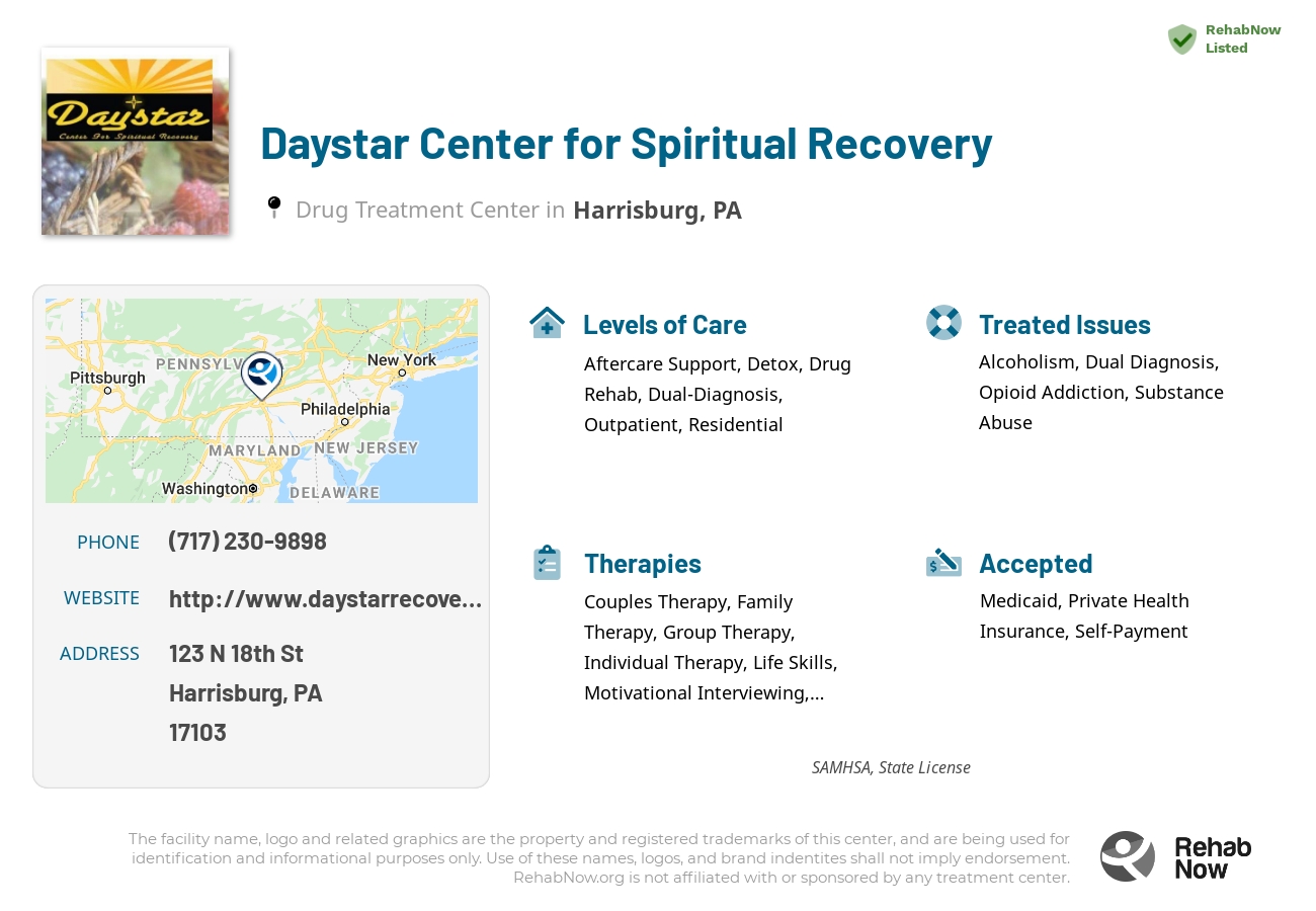 Helpful reference information for Daystar Center for Spiritual Recovery, a drug treatment center in Pennsylvania located at: 123 N 18th St, Harrisburg, PA 17103, including phone numbers, official website, and more. Listed briefly is an overview of Levels of Care, Therapies Offered, Issues Treated, and accepted forms of Payment Methods.