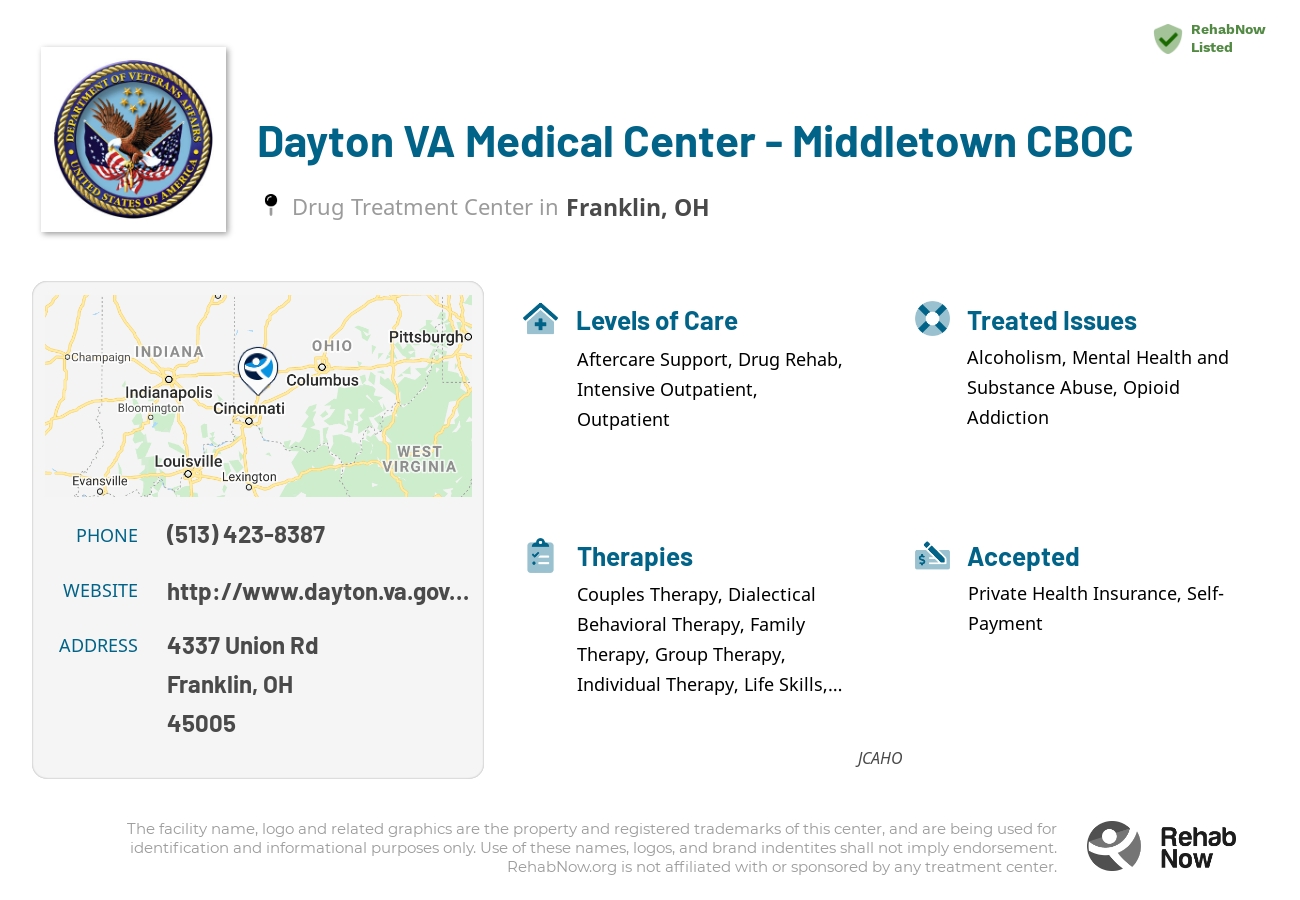 Helpful reference information for Dayton VA Medical Center - Middletown CBOC, a drug treatment center in Ohio located at: 4337 Union Rd, Franklin, OH 45005, including phone numbers, official website, and more. Listed briefly is an overview of Levels of Care, Therapies Offered, Issues Treated, and accepted forms of Payment Methods.