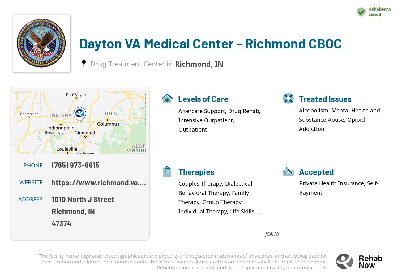 Helpful reference information for Dayton VA Medical Center - Richmond CBOC, a drug treatment center in Indiana located at: 1010 North J Street, Richmond, IN, 47374, including phone numbers, official website, and more. Listed briefly is an overview of Levels of Care, Therapies Offered, Issues Treated, and accepted forms of Payment Methods.