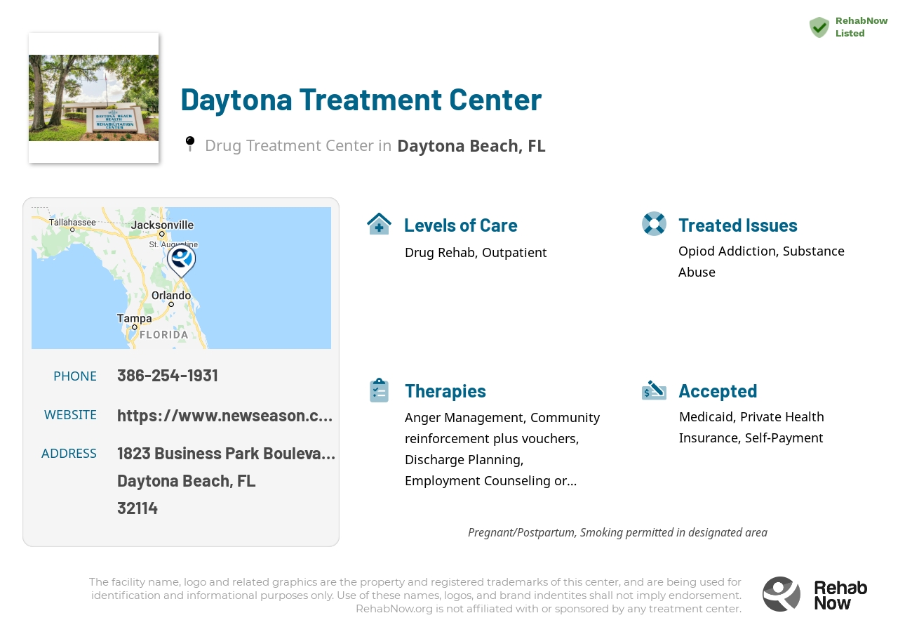 Helpful reference information for Daytona Treatment Center, a drug treatment center in Florida located at: 1823 Business Park Boulevard, Daytona Beach, FL 32114, including phone numbers, official website, and more. Listed briefly is an overview of Levels of Care, Therapies Offered, Issues Treated, and accepted forms of Payment Methods.