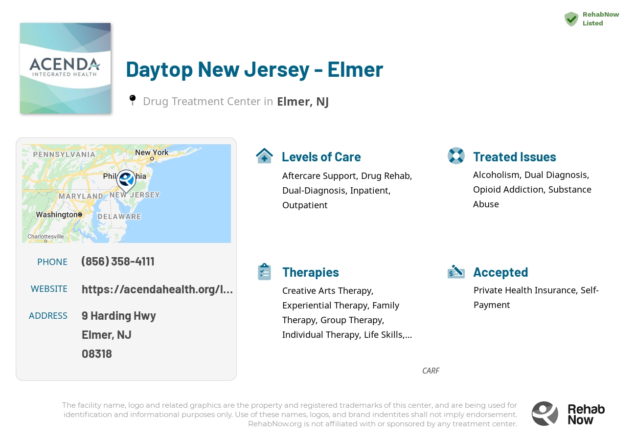 Helpful reference information for Daytop New Jersey - Elmer, a drug treatment center in New Jersey located at: 9 Harding Hwy, Elmer, NJ 08318, including phone numbers, official website, and more. Listed briefly is an overview of Levels of Care, Therapies Offered, Issues Treated, and accepted forms of Payment Methods.
