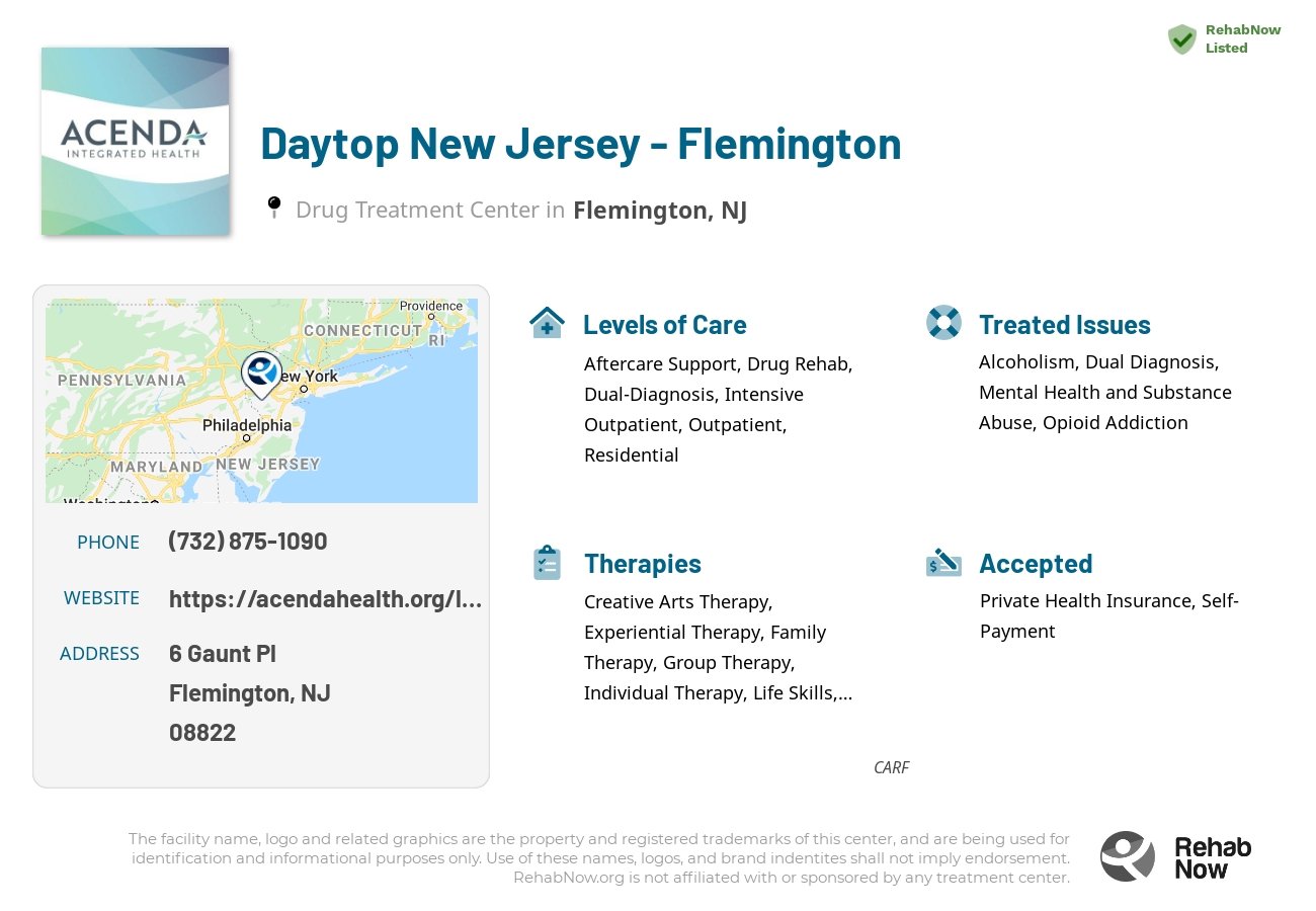 Helpful reference information for Daytop New Jersey - Flemington, a drug treatment center in New Jersey located at: 6 Gaunt Pl, Flemington, NJ 08822, including phone numbers, official website, and more. Listed briefly is an overview of Levels of Care, Therapies Offered, Issues Treated, and accepted forms of Payment Methods.