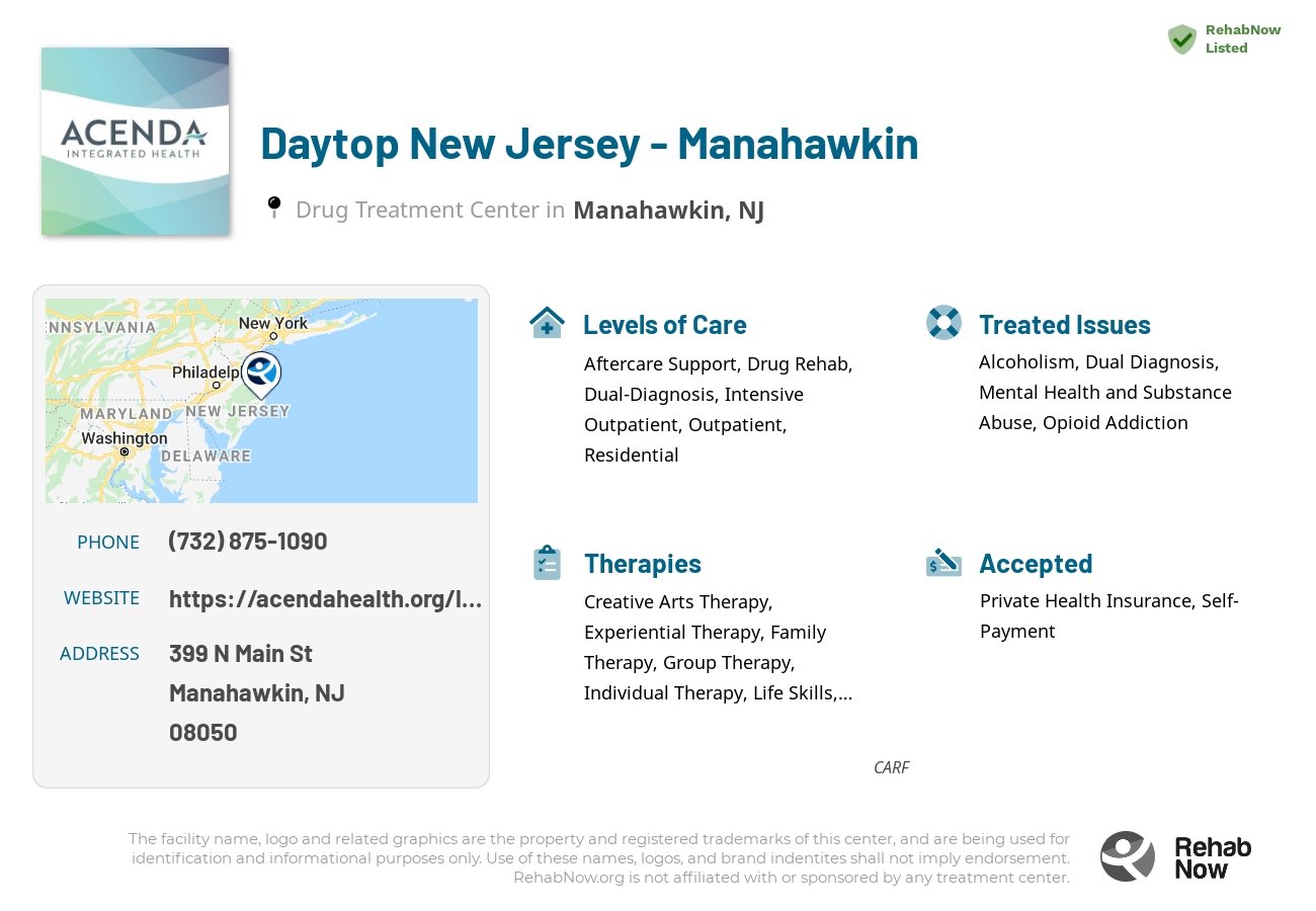 Helpful reference information for Daytop New Jersey - Manahawkin, a drug treatment center in New Jersey located at: 399 N Main St, Manahawkin, NJ 08050, including phone numbers, official website, and more. Listed briefly is an overview of Levels of Care, Therapies Offered, Issues Treated, and accepted forms of Payment Methods.