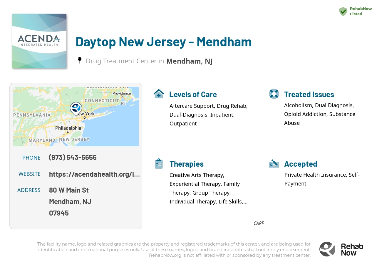 Helpful reference information for Daytop New Jersey - Mendham, a drug treatment center in New Jersey located at: 80 W Main St, Mendham, NJ 07945, including phone numbers, official website, and more. Listed briefly is an overview of Levels of Care, Therapies Offered, Issues Treated, and accepted forms of Payment Methods.