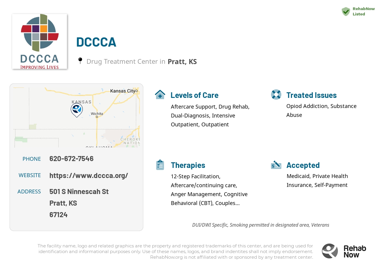 Helpful reference information for DCCCA, a drug treatment center in South Dakota located at: 501 S Ninnescah St, Pratt, KS 67124, including phone numbers, official website, and more. Listed briefly is an overview of Levels of Care, Therapies Offered, Issues Treated, and accepted forms of Payment Methods.