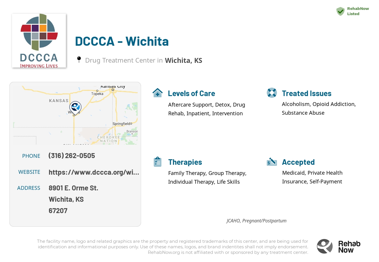Helpful reference information for DCCCA - Wichita, a drug treatment center in Kansas located at: 8901 E. Orme St., Wichita, KS, 67207, including phone numbers, official website, and more. Listed briefly is an overview of Levels of Care, Therapies Offered, Issues Treated, and accepted forms of Payment Methods.
