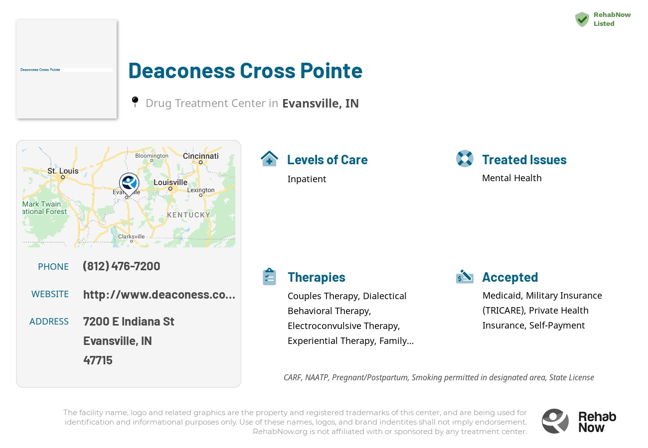 Helpful reference information for Deaconess Cross Pointe, a drug treatment center in Indiana located at: 7200 E Indiana St, Evansville, IN 47715, including phone numbers, official website, and more. Listed briefly is an overview of Levels of Care, Therapies Offered, Issues Treated, and accepted forms of Payment Methods.