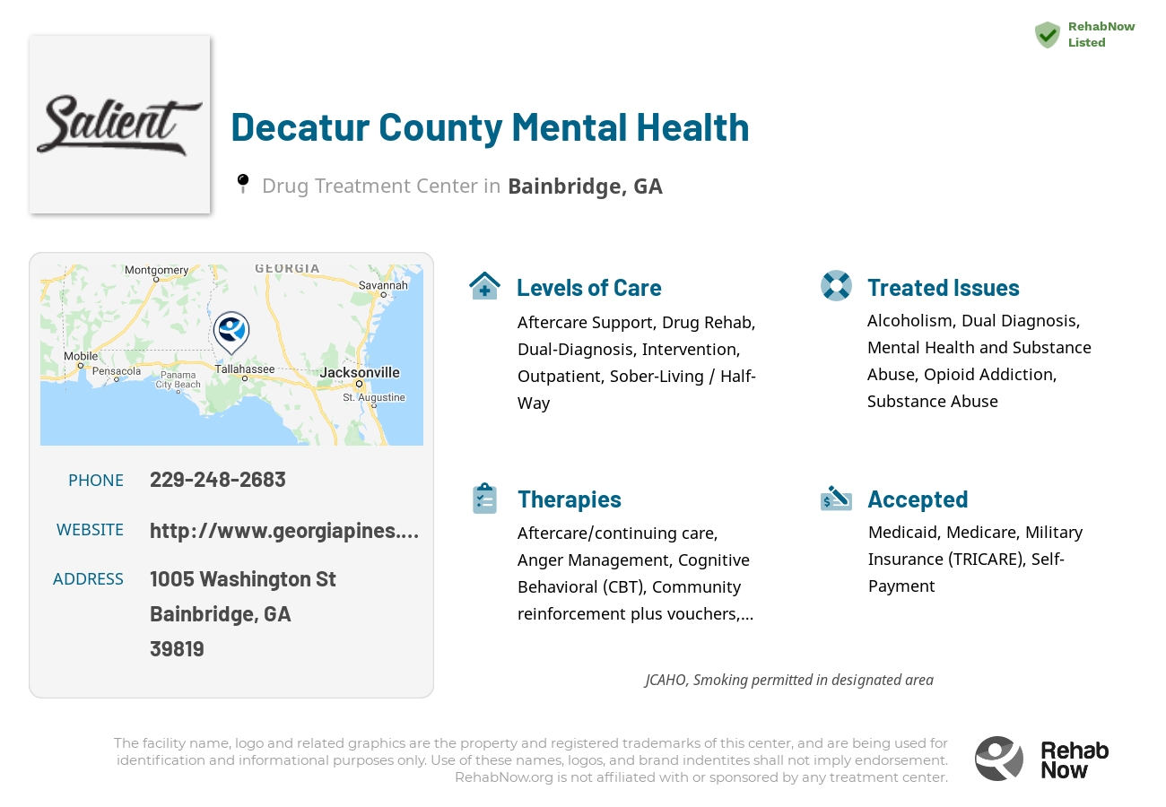 Helpful reference information for Decatur County Mental Health, a drug treatment center in Georgia located at: 1005 Washington St, Bainbridge, GA 39819, including phone numbers, official website, and more. Listed briefly is an overview of Levels of Care, Therapies Offered, Issues Treated, and accepted forms of Payment Methods.