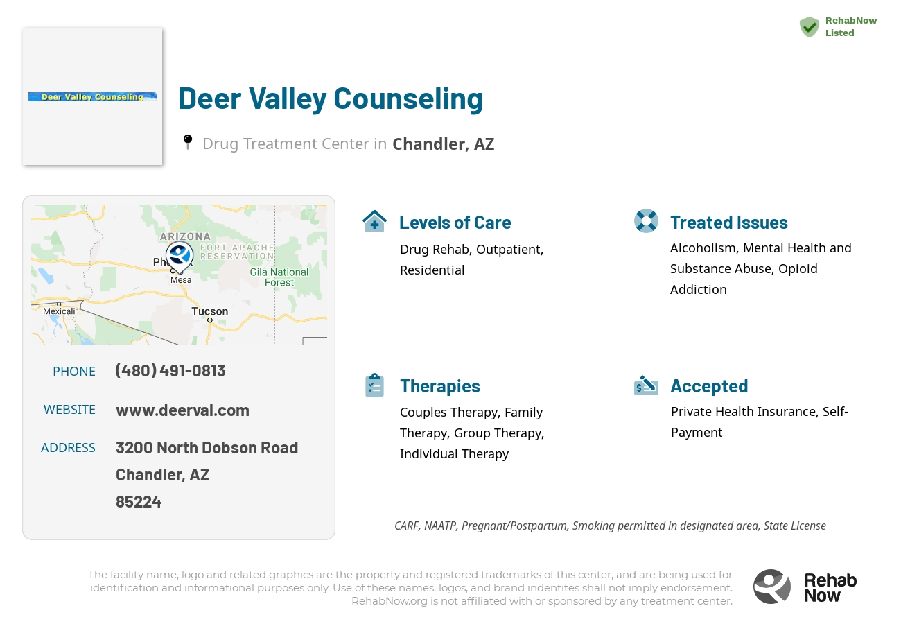 Helpful reference information for Deer Valley Counseling, a drug treatment center in Arizona located at: 3200 North Dobson Road, Chandler, AZ, 85224, including phone numbers, official website, and more. Listed briefly is an overview of Levels of Care, Therapies Offered, Issues Treated, and accepted forms of Payment Methods.