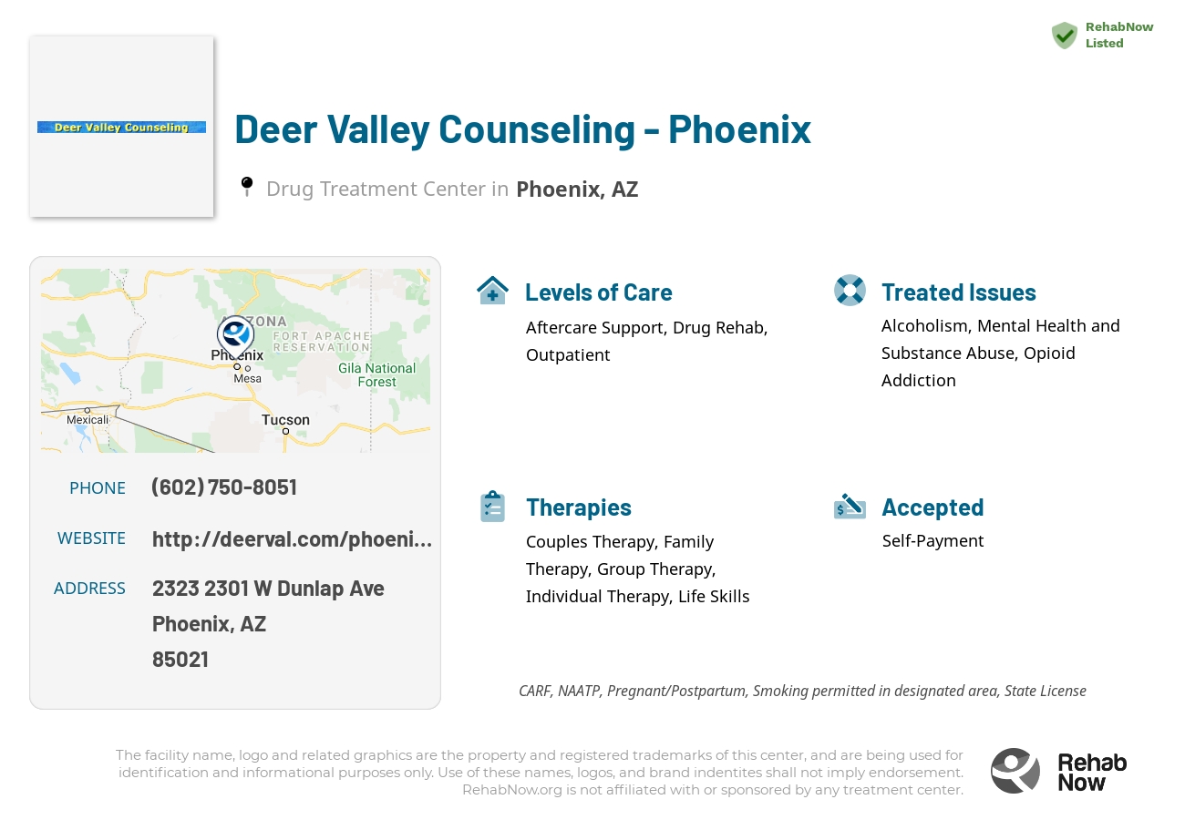 Helpful reference information for Deer Valley Counseling - Phoenix, a drug treatment center in Arizona located at: 2323 2301 W Dunlap Ave, Phoenix, AZ 85021, including phone numbers, official website, and more. Listed briefly is an overview of Levels of Care, Therapies Offered, Issues Treated, and accepted forms of Payment Methods.