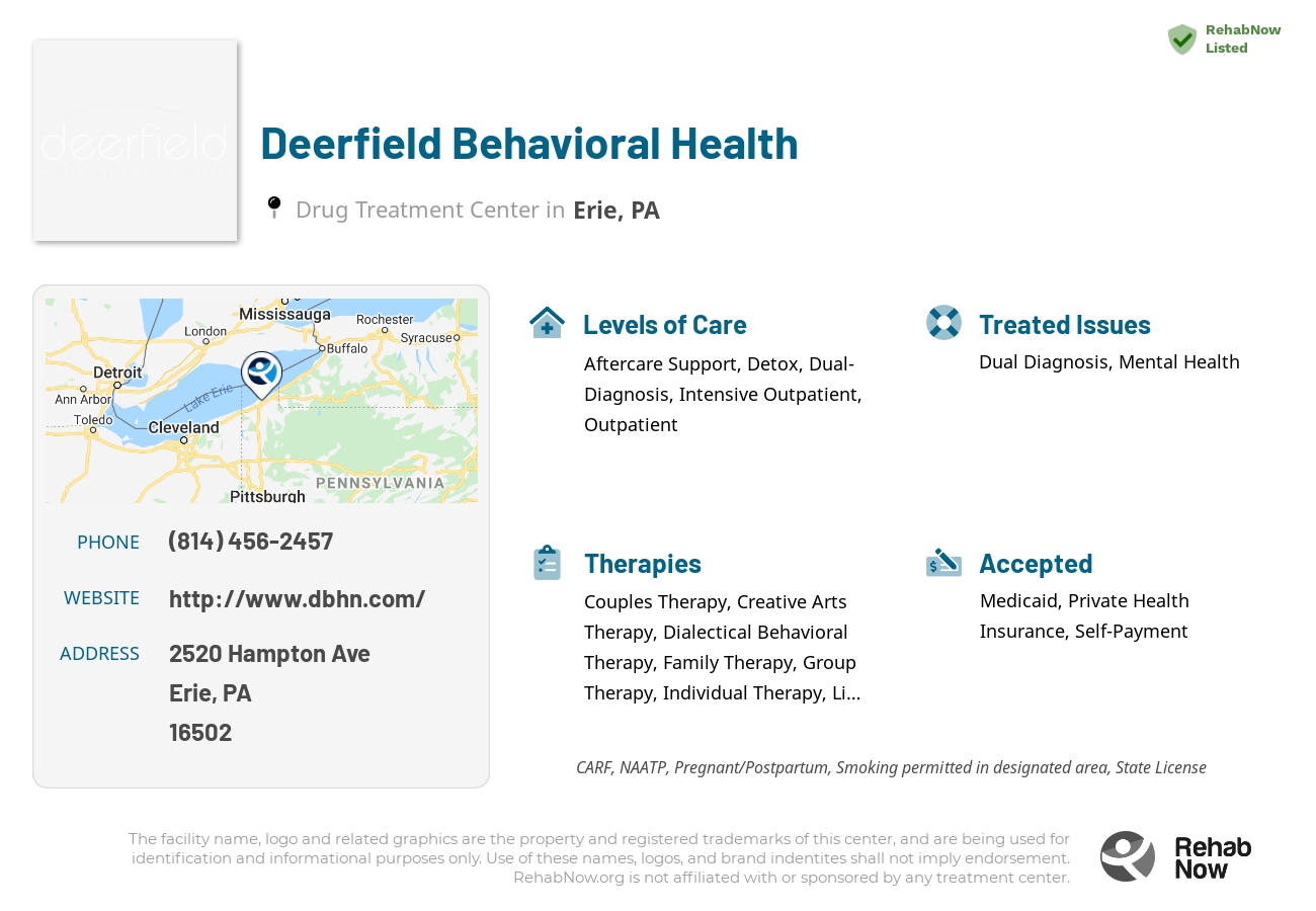 Helpful reference information for Deerfield Behavioral Health, a drug treatment center in Pennsylvania located at: 2520 Hampton Ave, Erie, PA 16502, including phone numbers, official website, and more. Listed briefly is an overview of Levels of Care, Therapies Offered, Issues Treated, and accepted forms of Payment Methods.