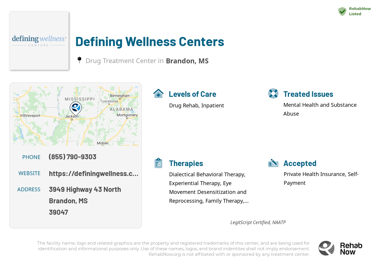 Helpful reference information for Defining Wellness Centers, a drug treatment center in Mississippi located at: 3949 Highway 43 North, Brandon, MS, 39047, including phone numbers, official website, and more. Listed briefly is an overview of Levels of Care, Therapies Offered, Issues Treated, and accepted forms of Payment Methods.