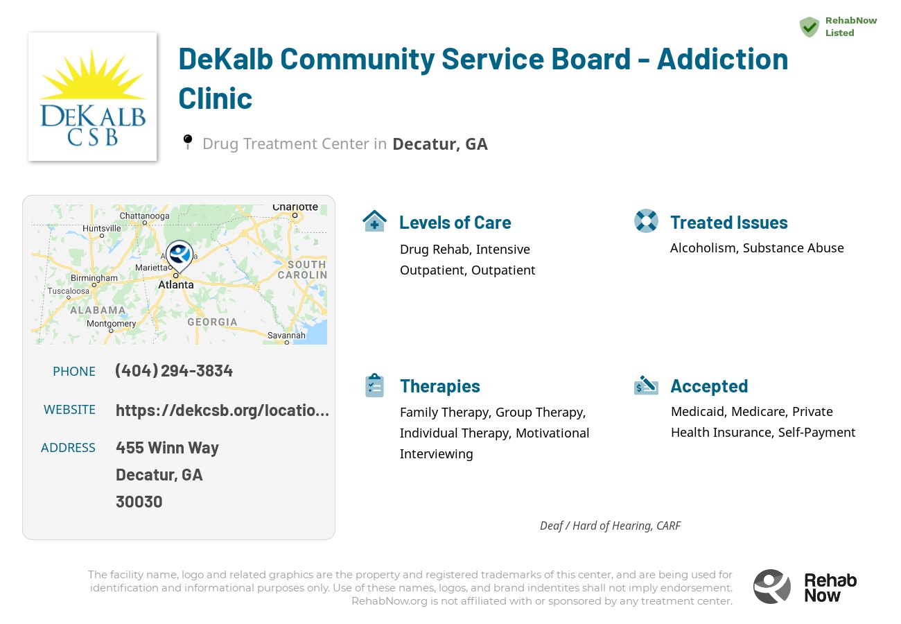 Helpful reference information for DeKalb Community Service Board - Addiction Clinic, a drug treatment center in Georgia located at: 455 455 Winn Way, Decatur, GA 30030, including phone numbers, official website, and more. Listed briefly is an overview of Levels of Care, Therapies Offered, Issues Treated, and accepted forms of Payment Methods.