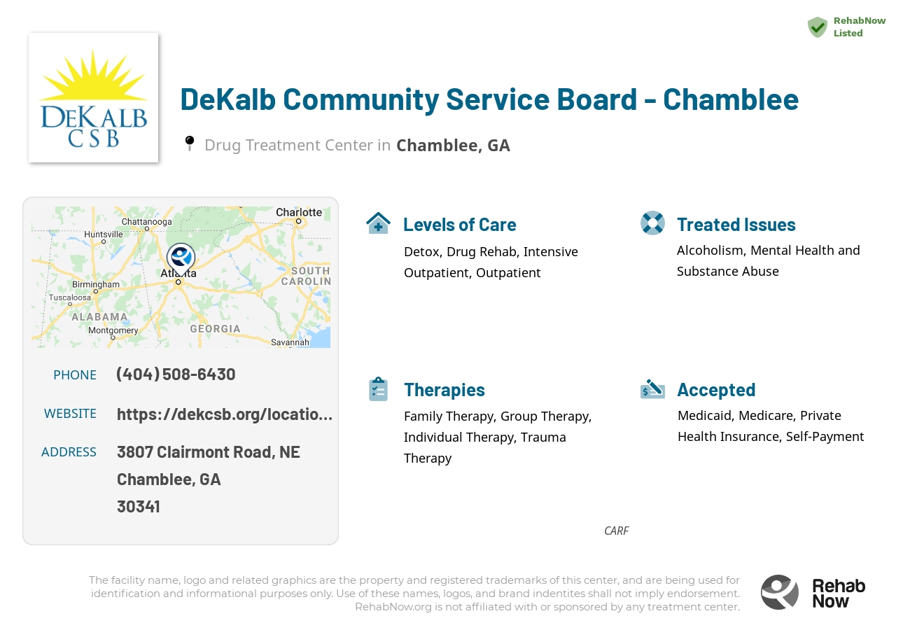 Helpful reference information for DeKalb Community Service Board - Chamblee, a drug treatment center in Georgia located at: 3807 3807 Clairmont Road, NE, Chamblee, GA 30341, including phone numbers, official website, and more. Listed briefly is an overview of Levels of Care, Therapies Offered, Issues Treated, and accepted forms of Payment Methods.