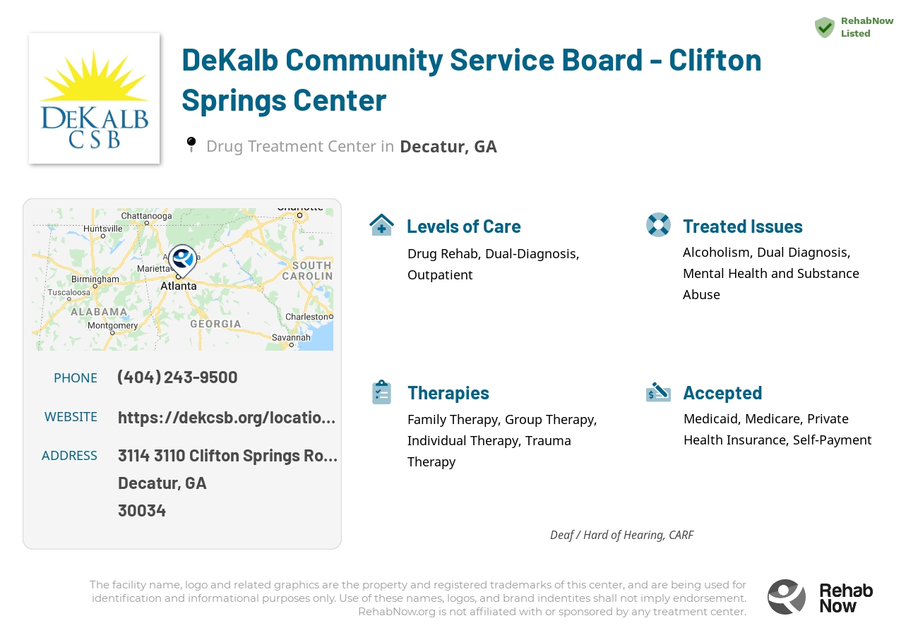 Helpful reference information for DeKalb Community Service Board - Clifton Springs Center, a drug treatment center in Georgia located at: 3114 3110 Clifton Springs Road, Decatur, GA 30034, including phone numbers, official website, and more. Listed briefly is an overview of Levels of Care, Therapies Offered, Issues Treated, and accepted forms of Payment Methods.