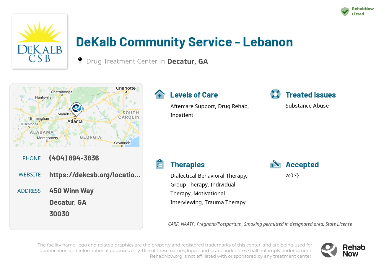 Helpful reference information for DeKalb Community Service - Lebanon, a drug treatment center in Tennessee located at: 450 Winn Way, Decatur, GA 30030, including phone numbers, official website, and more. Listed briefly is an overview of Levels of Care, Therapies Offered, Issues Treated, and accepted forms of Payment Methods.