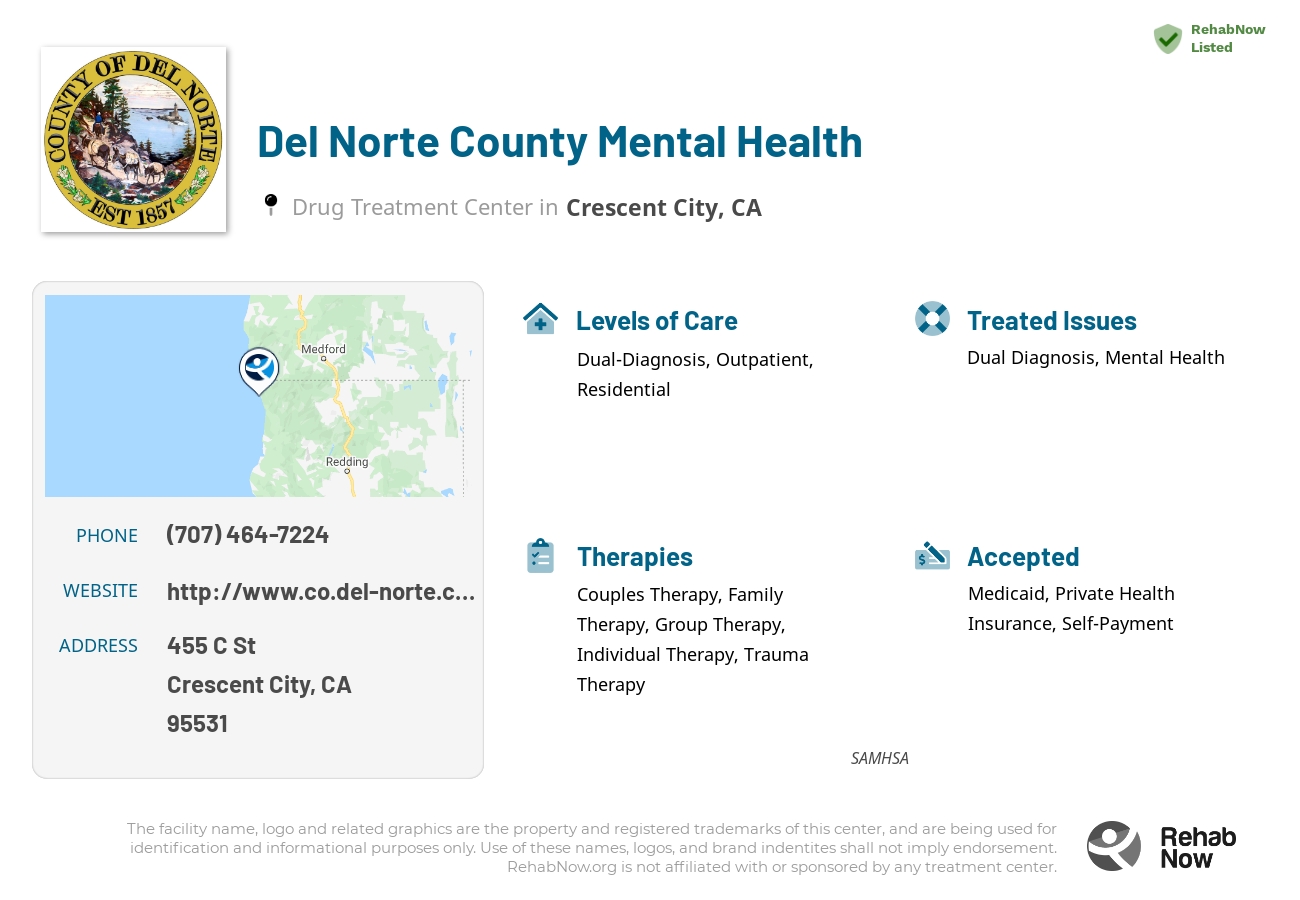 Helpful reference information for Del Norte County Mental Health, a drug treatment center in California located at: 455 C St, Crescent City, CA 95531, including phone numbers, official website, and more. Listed briefly is an overview of Levels of Care, Therapies Offered, Issues Treated, and accepted forms of Payment Methods.