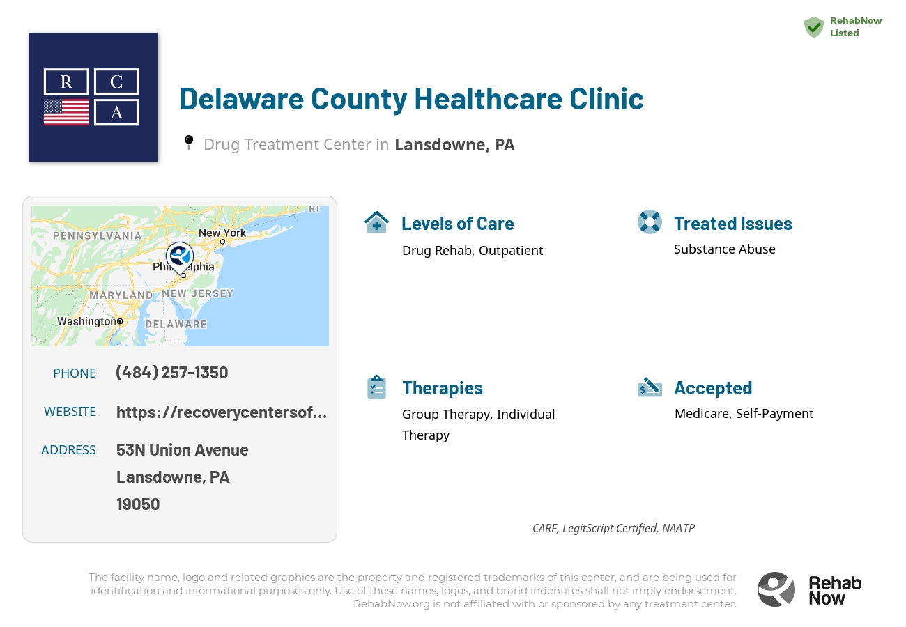 Helpful reference information for Delaware County Healthcare Clinic, a drug treatment center in Pennsylvania located at: 53N Union Avenue, Lansdowne, PA, 19050, including phone numbers, official website, and more. Listed briefly is an overview of Levels of Care, Therapies Offered, Issues Treated, and accepted forms of Payment Methods.