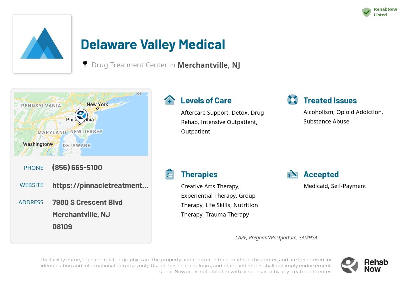 Helpful reference information for Delaware Valley Medical, a drug treatment center in New Jersey located at: 7980 S Crescent Blvd, Merchantville, NJ 08109, including phone numbers, official website, and more. Listed briefly is an overview of Levels of Care, Therapies Offered, Issues Treated, and accepted forms of Payment Methods.