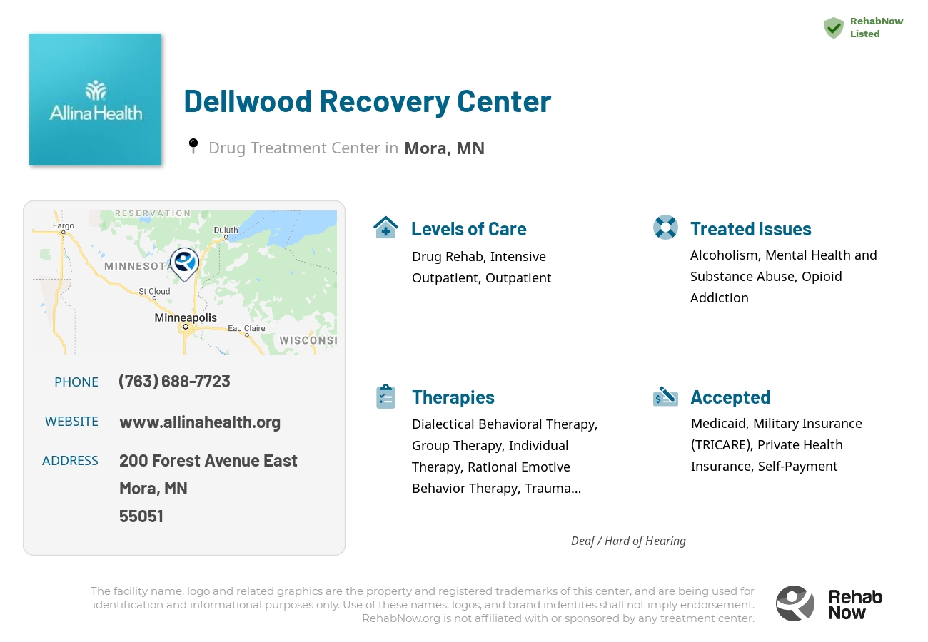 Helpful reference information for Dellwood Recovery Center, a drug treatment center in Minnesota located at: 200 200 Forest Avenue East, Mora, MN 55051, including phone numbers, official website, and more. Listed briefly is an overview of Levels of Care, Therapies Offered, Issues Treated, and accepted forms of Payment Methods.
