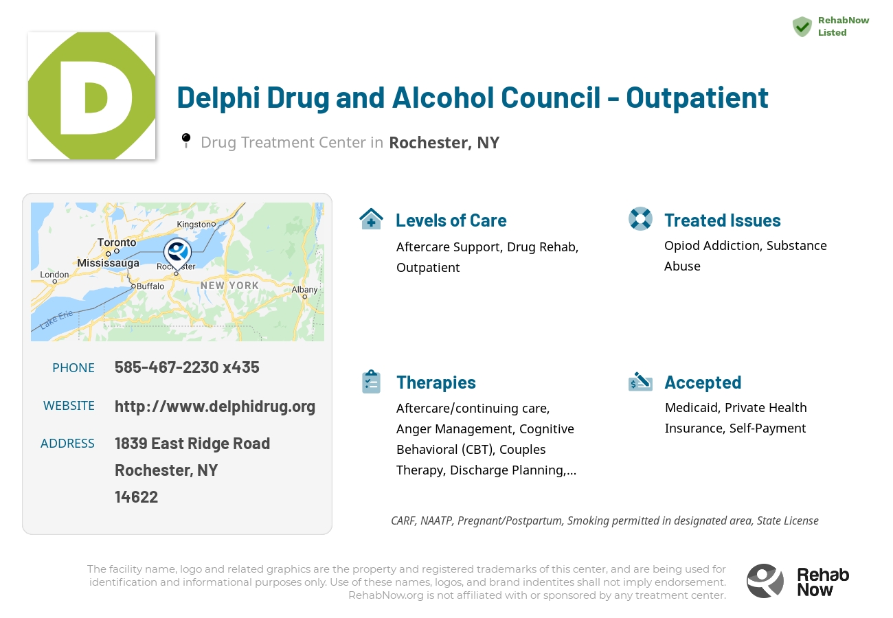 Helpful reference information for Delphi Drug and Alcohol Council - Outpatient, a drug treatment center in New York located at: 1839 East Ridge Road, Rochester, NY 14622, including phone numbers, official website, and more. Listed briefly is an overview of Levels of Care, Therapies Offered, Issues Treated, and accepted forms of Payment Methods.