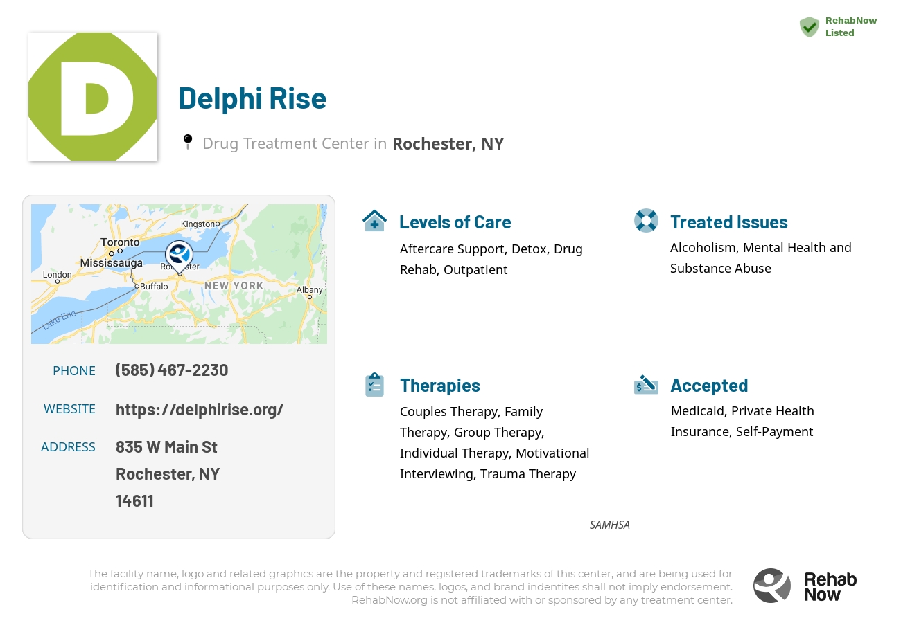 Helpful reference information for Delphi Rise, a drug treatment center in New York located at: 835 W Main St, Rochester, NY 14611, including phone numbers, official website, and more. Listed briefly is an overview of Levels of Care, Therapies Offered, Issues Treated, and accepted forms of Payment Methods.